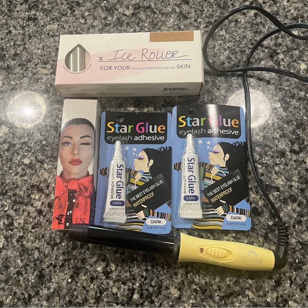 NIB/NWT beauty lot.5 Eyeliner x 2,Kitsch ice roller,curling iron,lash glue x 2